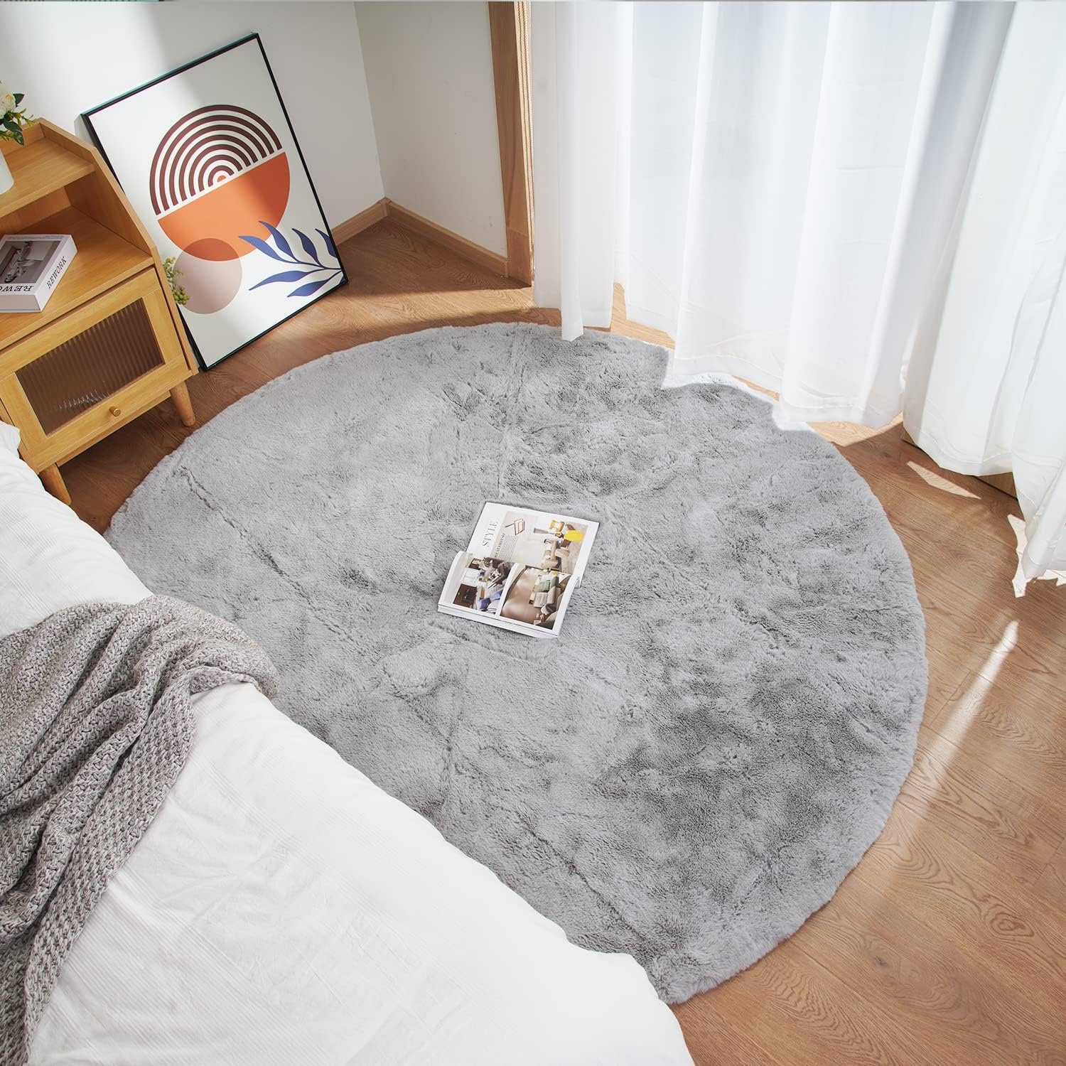 Ghouse Runder Teppich 120 x 120 cm Grau Flauschig Weich Wohnzimmer
