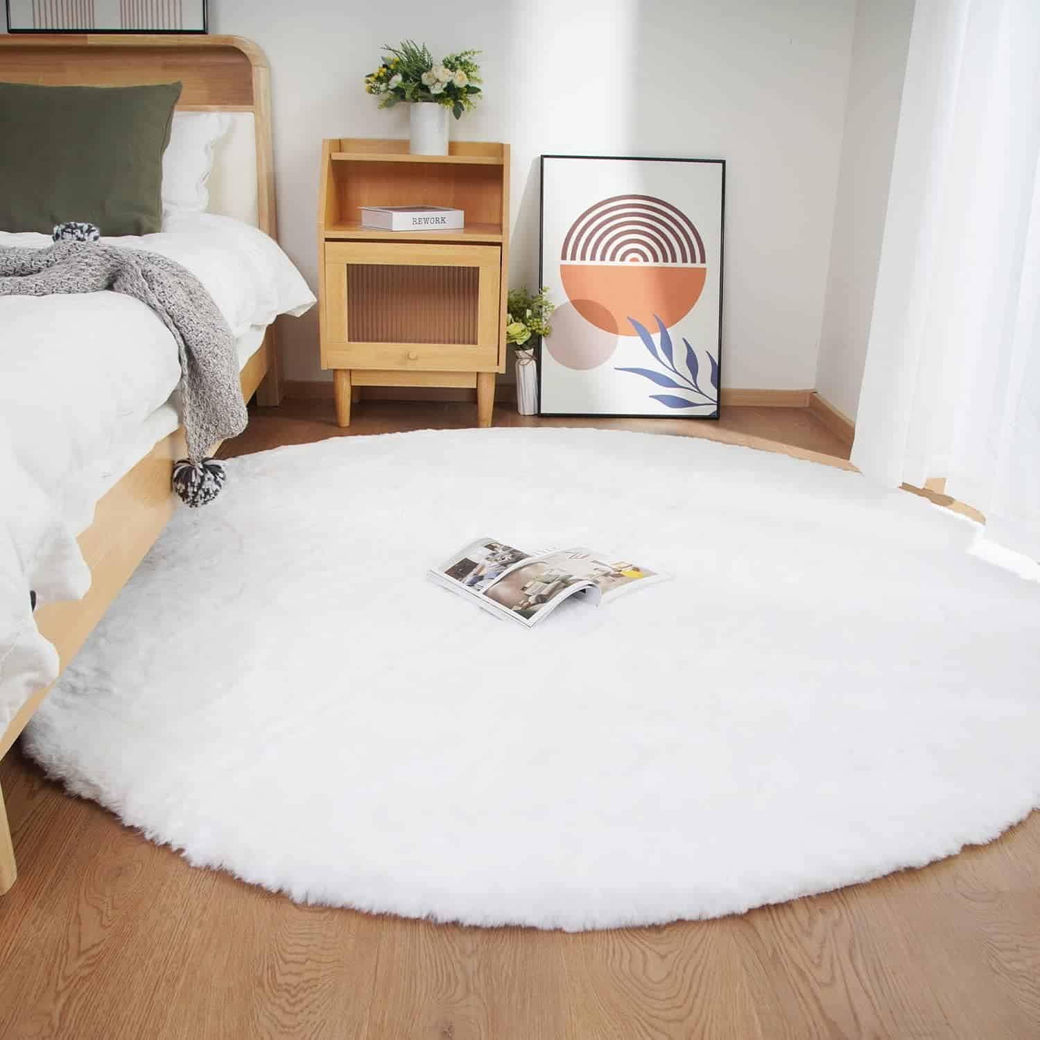 Ghouse Runder Teppich 150 x 150 cm Weiß Flauschig Weich Wohnzimmer